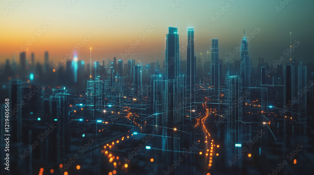 Fototapeta premium Smart digital Innovation city with connection network reciprocity over the twilight cityscape. of future smart wireless digital city and social media networking systems that connects people with city