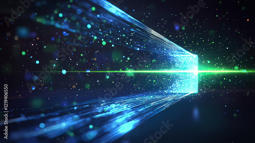Holographic communication system displaying a 3D call, glowing blue and green beams of light, sleek industrial backdrop