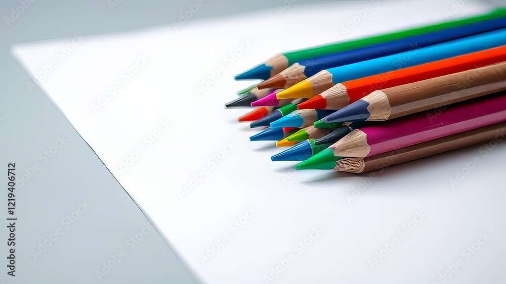 Naklejka premium Vibrant Multicolored Pens Stacked on White Paper - AI Art