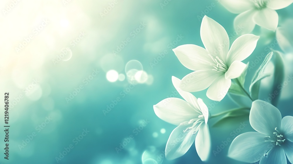 Delicate White Flowers Soft Teal Background Delicate White Flowers Soft Teal Background