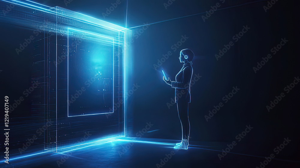 Holographic communication system displaying a 3D call, glowing neon beams of light, sleek modern design Holographic communication system displaying a 3D call, glowing neon beams of light, sleek modern design