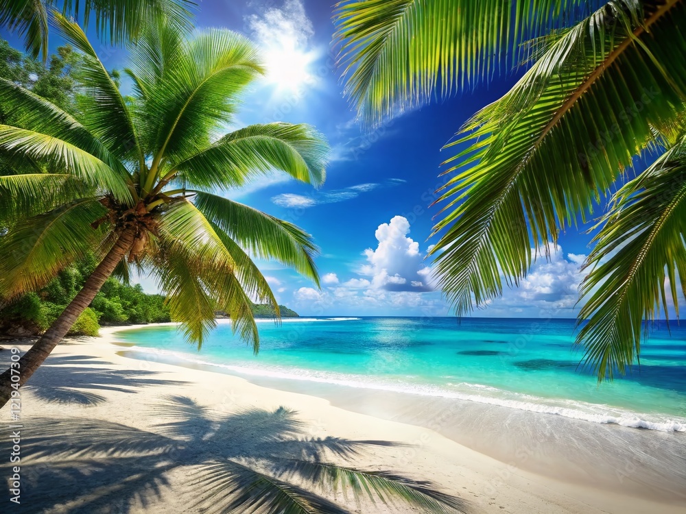 Obraz premium Serene Tropical Beach Paradise: Palm Trees, Turquoise Water, and White Sand