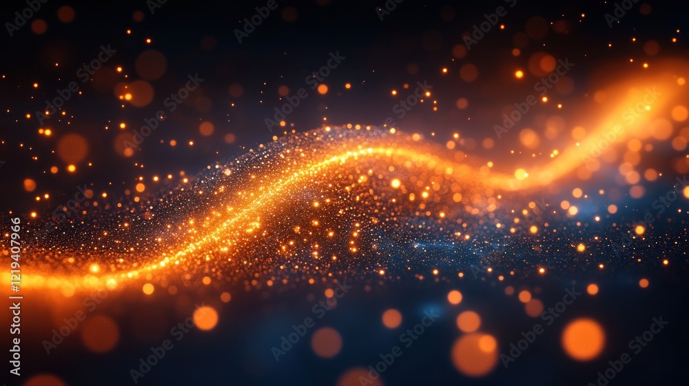 Obraz premium Abstract glowing orange wave with bokeh lights on a dark background.