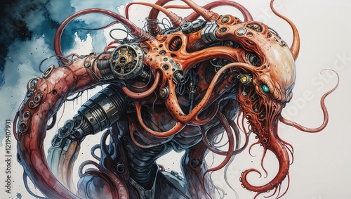 A grotesquely mutated Lovecraftian cyberpunk helical hunter, its twisted form a chilling blend of tentacles, metal implants, and glowing circuitry. This nightmarish being is depicted in a hauntingly b photo