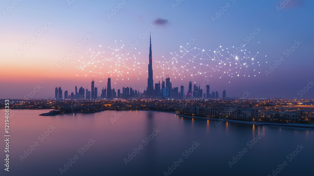 Fototapeta premium Smart digital Innovation city with connection network reciprocity over the twilight cityscape. of future smart wireless digital city and social media networking systems that connects people with city