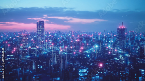 Wallpaper Mural Smart digital Innovation city with connection network reciprocity over the twilight cityscape. of future smart wireless digital city and social media networking systems that connects people with city Torontodigital.ca