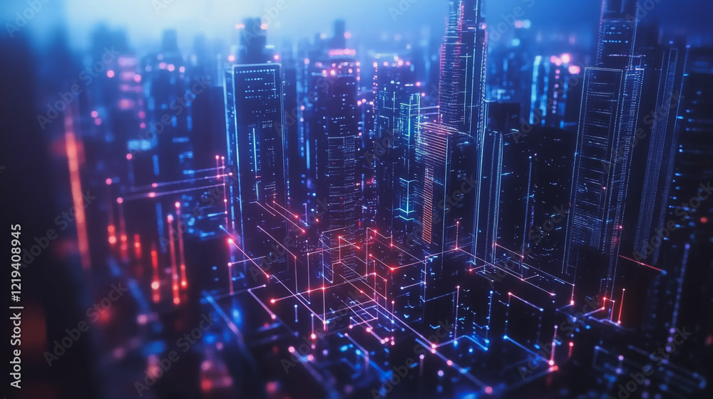 Smart digital Innovation city with connection network reciprocity over the twilight cityscape. of future smart wireless digital city and social media networking systems that connects people with city Smart digital Innovation city with connection network reciprocity over the twilight cityscape. of future smart wireless digital city and social media networking systems that connects people with city