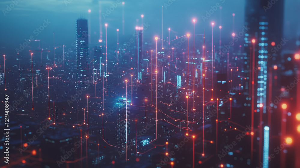 Smart digital Innovation city with connection network reciprocity over the twilight cityscape. of future smart wireless digital city and social media networking systems that connects people with city Smart digital Innovation city with connection network reciprocity over the twilight cityscape. of future smart wireless digital city and social media networking systems that connects people with city