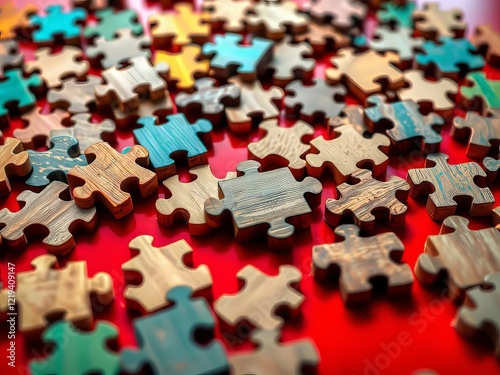 Vibrant Puzzle Pieces on Red Desk - AI Photo photo