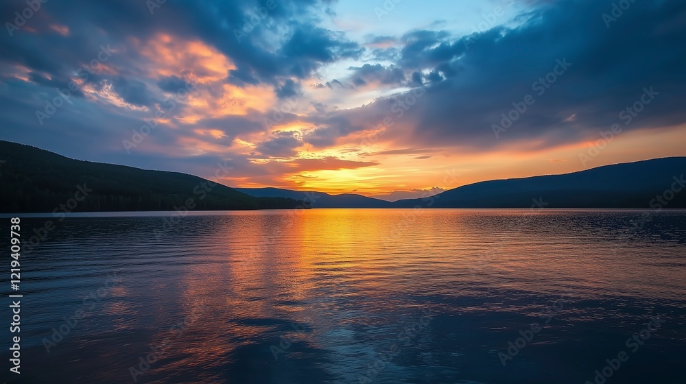 Breathtaking Sunset Over a Mountain Lake with Beautiful Reflections and Peaceful Nature Views Breathtaking Sunset Over a Mountain Lake with Beautiful Reflections and Peaceful Nature Views