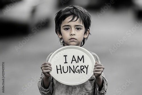 A young boy stands solemnly holding a plate that reads 'I AM HUNGRY,' capturing the stark reality of childhood hunger in a poignant way. food crisis photo