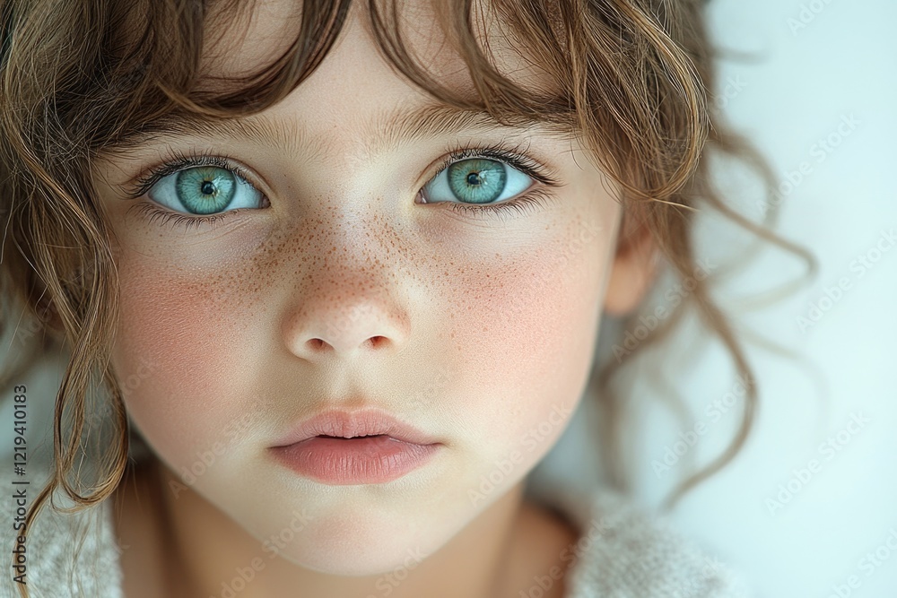 Close-up shot of a child's face with freckles, great for use in portraits or illustrations Close-up shot of a child's face with freckles, great for use in portraits or illustrations