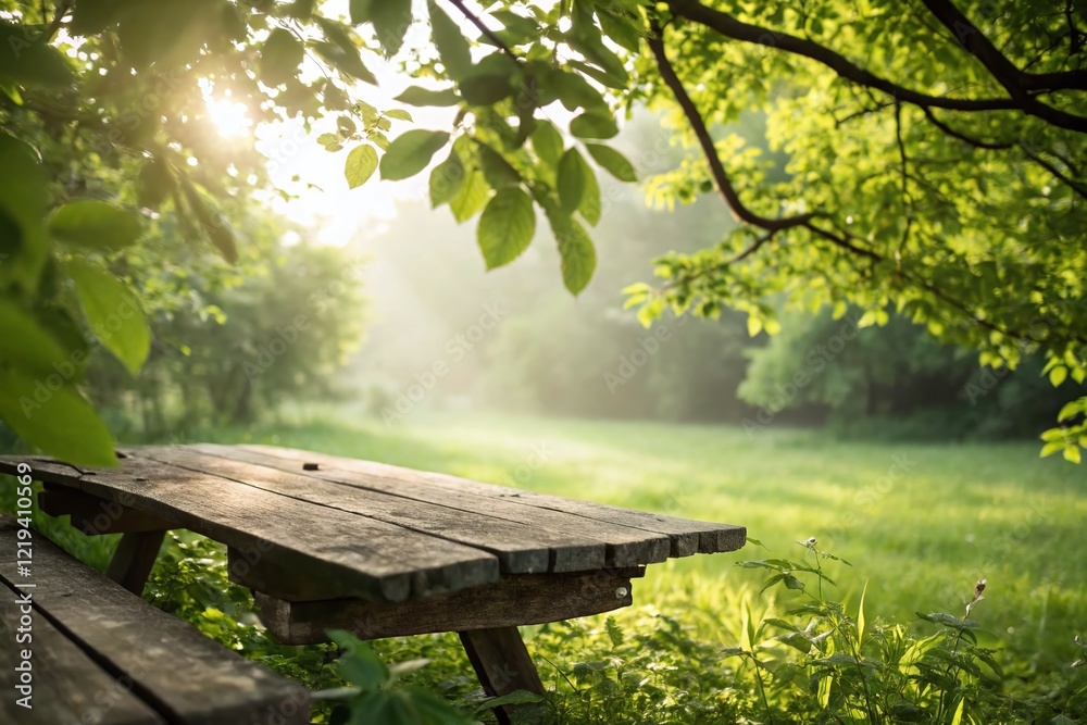 Serene Wooden Table in Lush Green Garden - Long Exposure Photography Serene Wooden Table in Lush Green Garden - Long Exposure Photography