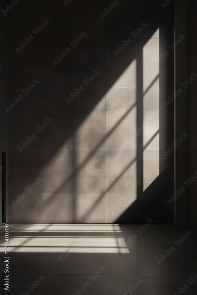 Obraz premium Sunlight streams through a window, casting shadows on a tiled wall and floor.