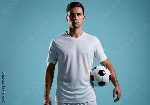 Young Male Soccer Player Skillfully Balancing a Ball on His Foot, Showcasing Talent and Poise in a Soccer Uniform Blank White Mockup