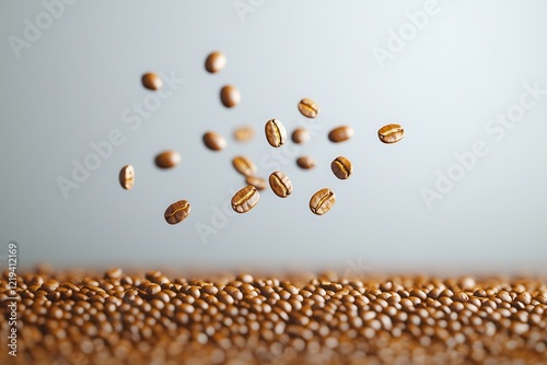 Coffee culture: The perfect grind by a barista. Floating coffee beans create a dynamic and appetizing visual. photo