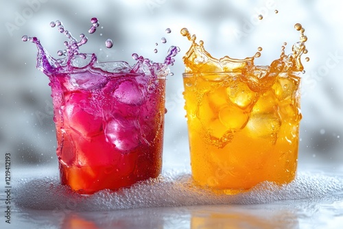 Two glasses containing a splash of water, perfect for illustrating hydration or refreshing concepts