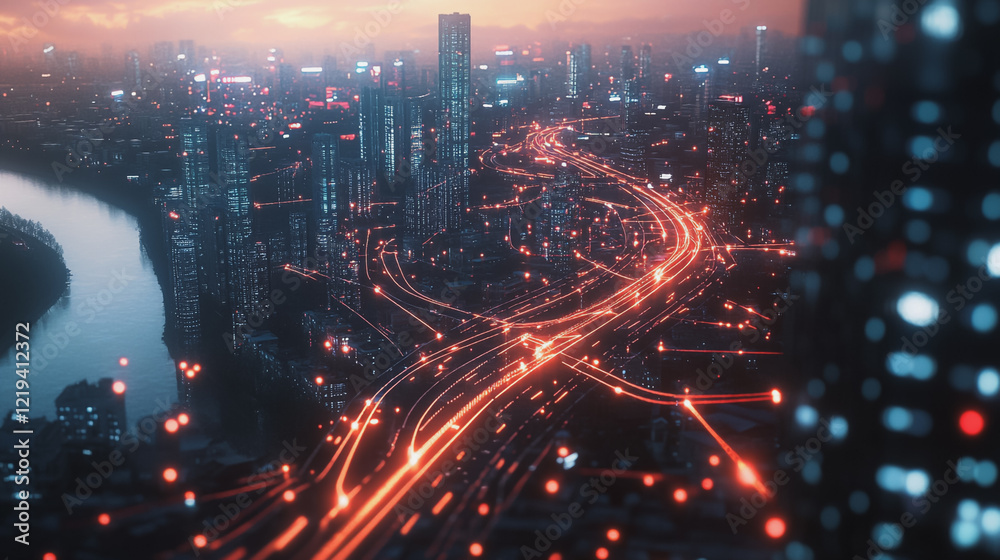 Fototapeta premium Smart digital Innovation city with connection network reciprocity over the twilight cityscape. of future smart wireless digital city and social media networking systems that connects people with city