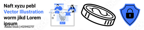 Text with shopping cart interface between users, cryptocurrency coin, shield with lock. Ideal for e-commerce, cybersecurity, digital payments, financial transactions, online safety, fintech privacy