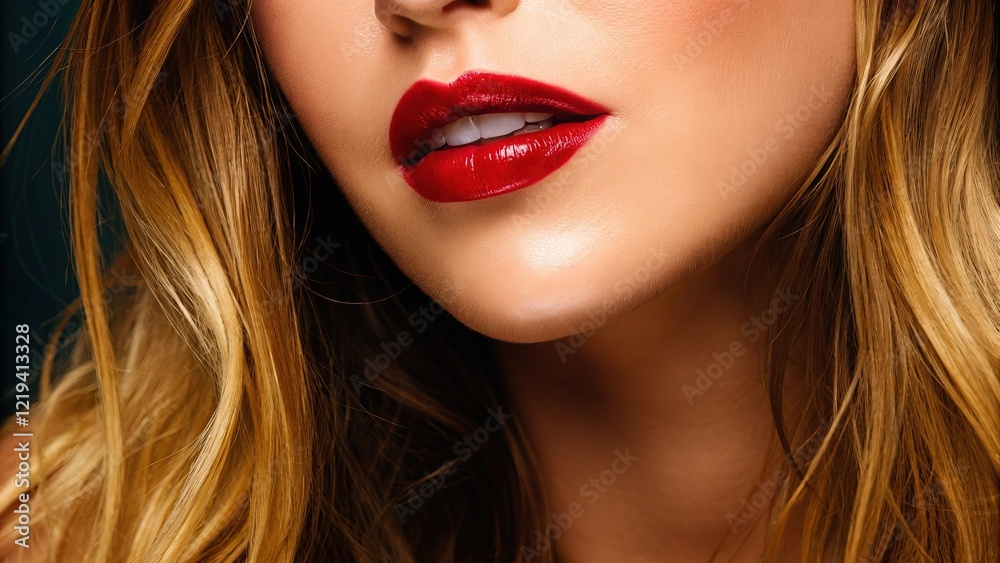 Close-up of brightly painted lips with bright lipstick, radiating femininity and style, with space allocated for beauty text