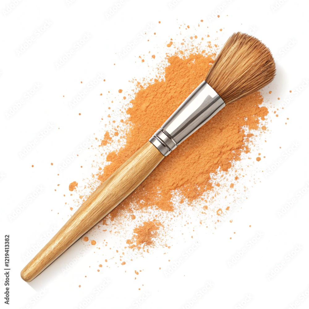 Makeup brush with orange powder isolated on a  white background. Vector illustration.