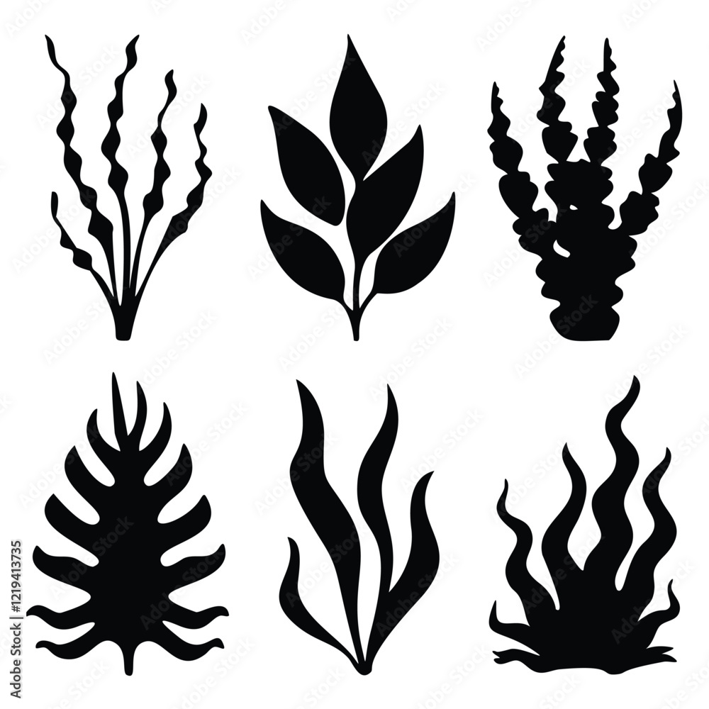 Naklejka premium Set of Abstract Black Silhouette Seaweed and Plant Designs