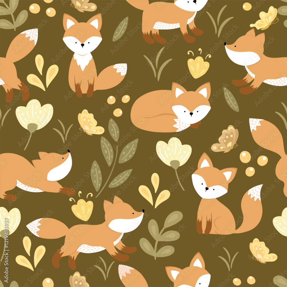 Fototapeta Seamless pattern with a little fox, butterfly and flowers. Wrapping paper pattern.