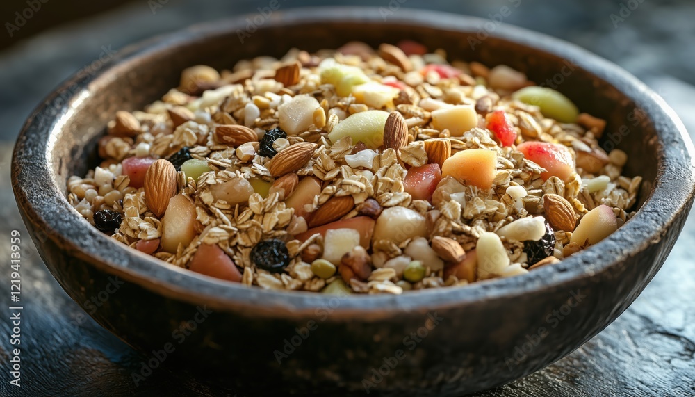 Nutritious Wholegrain Muesli Breakfast Loaded With Dried Fruits, Nuts, Grains, And Fresh Apple For A Delicious And Healthy Start To Your Day. Nutritious Wholegrain Muesli Breakfast Loaded With Dried Fruits, Nuts, Grains, And Fresh Apple For A Delicious And Healthy Start To Your Day.