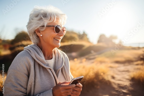 Smiling older woman with curly grey hair holding mobile phone in bright minimalist setting photo