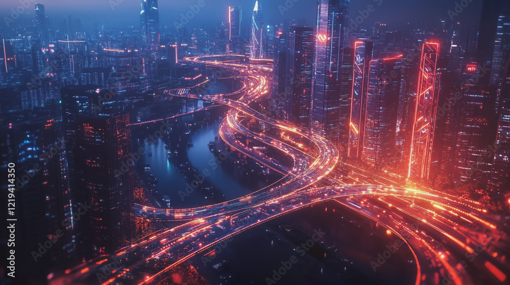 Fototapeta premium Smart digital Innovation city with connection network reciprocity over the twilight cityscape. of future smart wireless digital city and social media networking systems that connects people with city