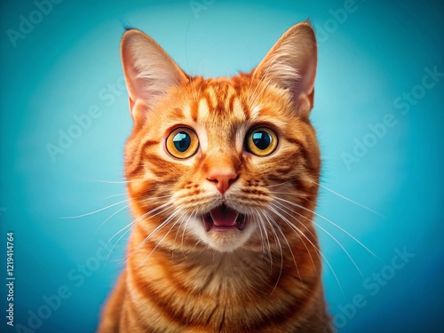 Shocked Ginger Cat, Funny Pet, Surprised Tabby, Blue Background, High-Resolution Stock Photo