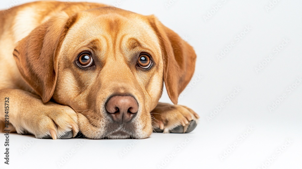 Sad-looking fox-red Labrador Retriever lying down on white background.