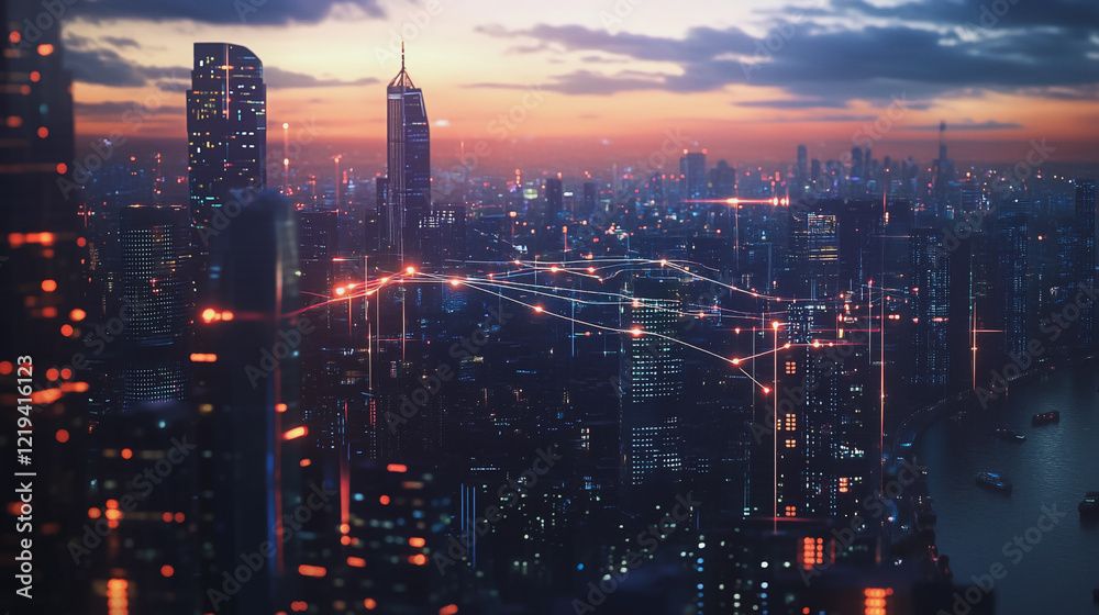 Fototapeta premium Smart digital Innovation city with connection network reciprocity over the twilight cityscape. of future smart wireless digital city and social media networking systems that connects people with city