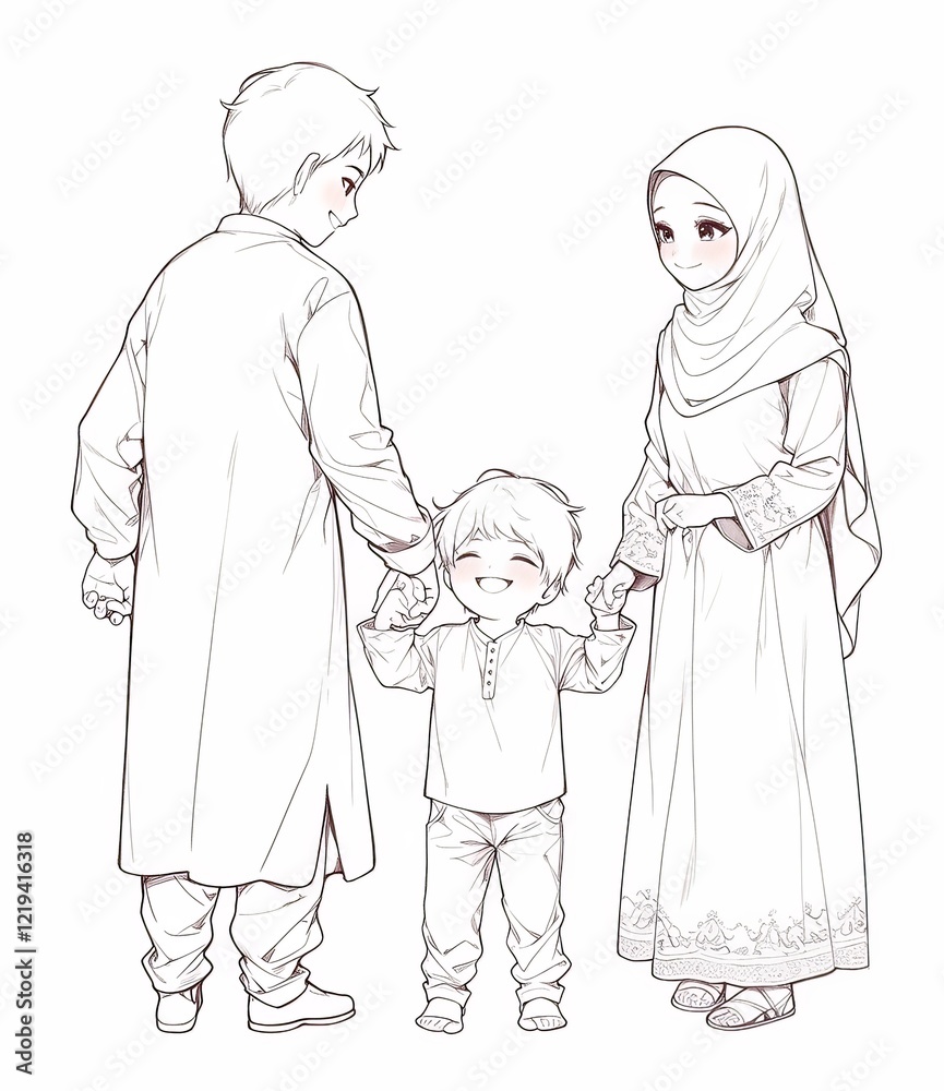 a Muslim Family Holding Hands, Father in Cap and Long Dress, Simple Contour Lines a Muslim Family Holding Hands, Father in Cap and Long Dress, Simple Contour Lines