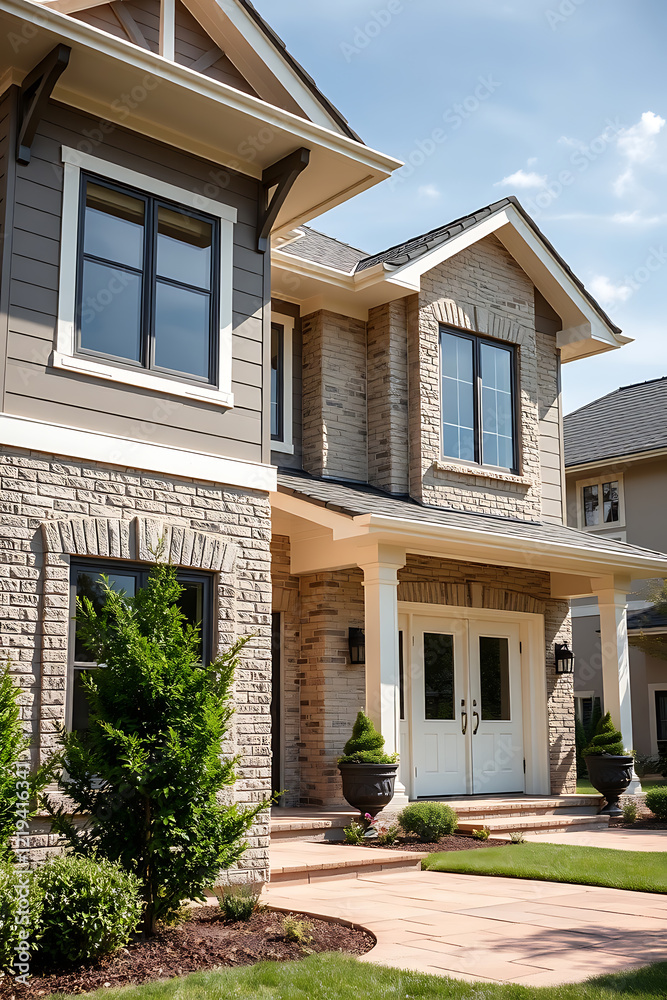 Luxury Home Exterior: Brick Facade, Modern Design, and Landscaped Garden Luxury Home Exterior: Brick Facade, Modern Design, and Landscaped Garden