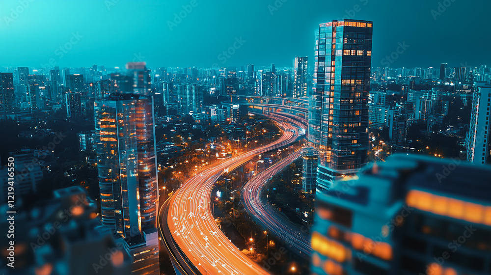 Obraz premium Smart digital Innovation city with connection network reciprocity over the twilight cityscape. of future smart wireless digital city and social media networking systems that connects people with city