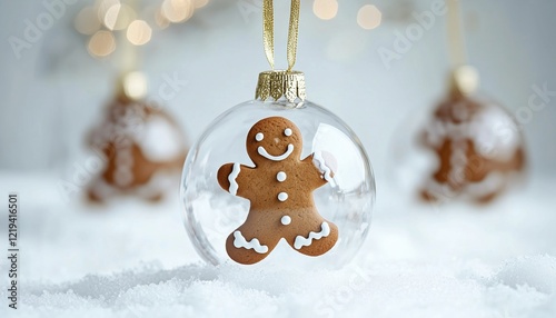 Festive Holiday Decor: Glass Christmas Ornaments With Gingerbread Man Design, Hanging On Gold Ribbon In Snowy Setting. Joyful Season Celebrations. photo