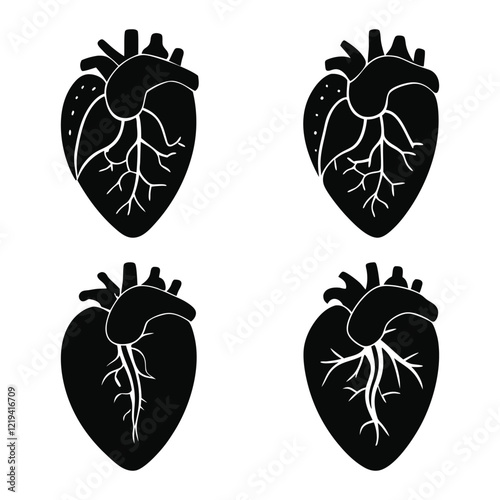 Anatomical heart icons, black silhouettes