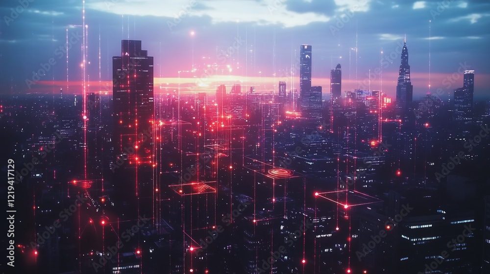 Fototapeta premium Smart digital Innovation city with connection network reciprocity over the twilight cityscape. of future smart wireless digital city and social media networking systems that connects people with city