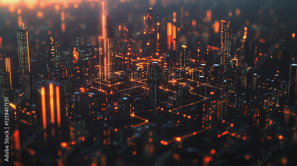 Fototapeta premium Smart digital Innovation city with connection network reciprocity over the twilight cityscape. of future smart wireless digital city and social media networking systems that connects people with city