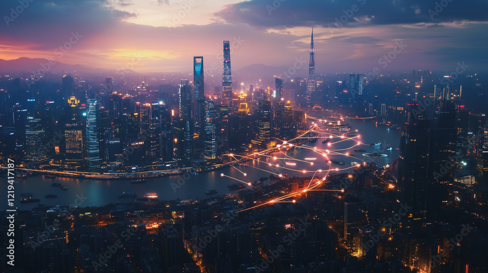 Fototapeta premium Smart digital Innovation city with connection network reciprocity over the twilight cityscape. of future smart wireless digital city and social media networking systems that connects people with city