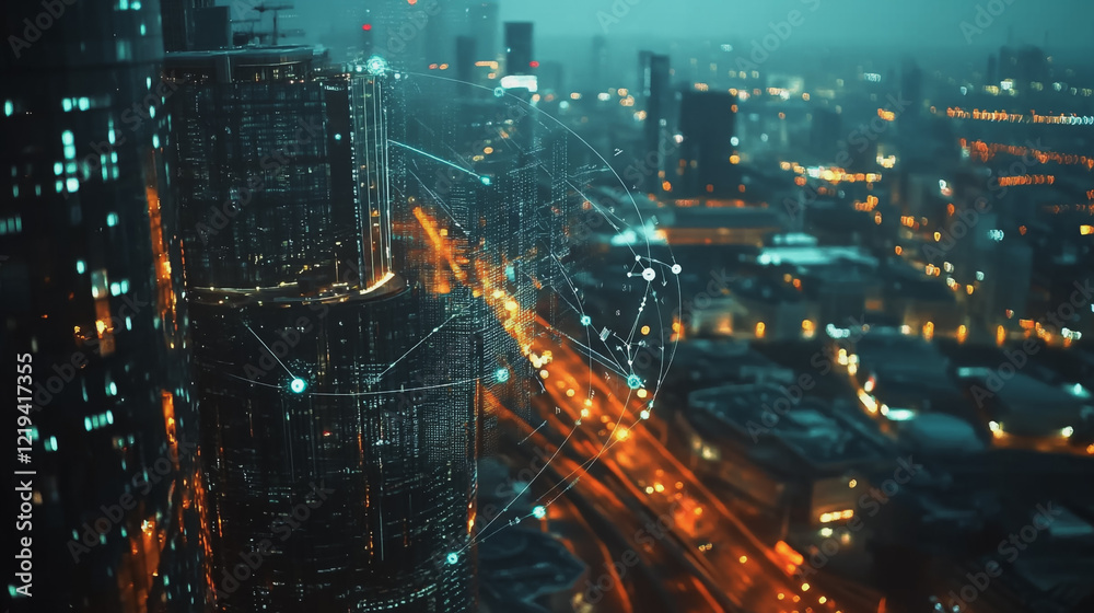 Fototapeta premium Smart digital Innovation city with connection network reciprocity over the twilight cityscape. of future smart wireless digital city and social media networking systems that connects people with city