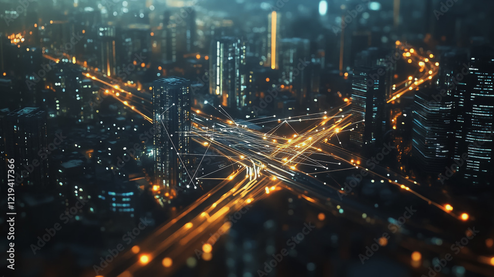 Smart digital Innovation city with connection network reciprocity over the twilight cityscape. of future smart wireless digital city and social media networking systems that connects people with city Smart digital Innovation city with connection network reciprocity over the twilight cityscape. of future smart wireless digital city and social media networking systems that connects people with city