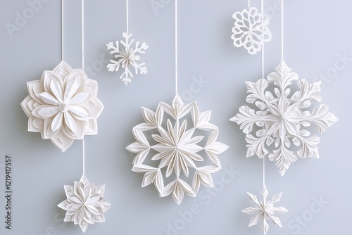 Hanging Snowflakes Crafted from Recycled Paper. Elegant White Ornaments Create a Minimalistic and Festive Winter Decoration. Soft Light Enhances the Delicate Handmade Details. AI generated