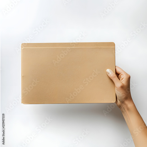 hand holding single manila file folder, showcasing its simple design and texture. folder is tilted slightly, emphasizing its shape and color, perfect for organizational tasks photo