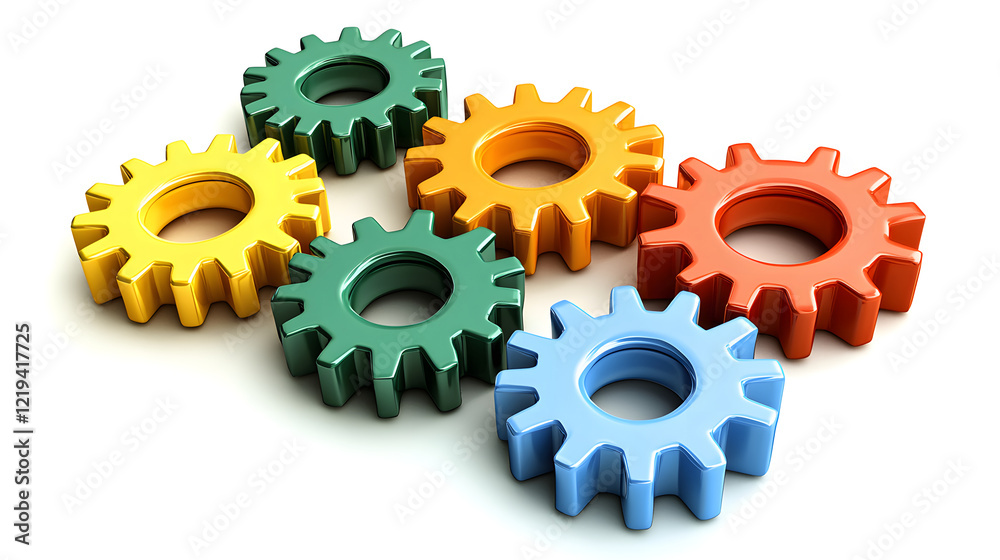 Bright and cheerful gears in various colors, including green, yellow, orange, red, and blue, arranged in playful manner, perfect for illustrating concepts of teamwork and creativity Bright and cheerful gears in various colors, including green, yellow, orange, red, and blue, arranged in playful manner, perfect for illustrating concepts of teamwork and creativity