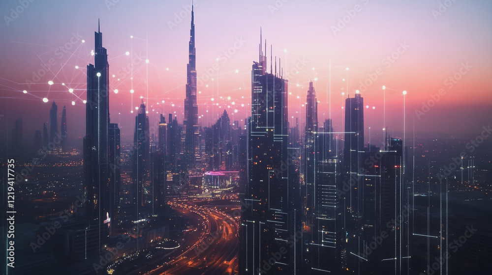 Fototapeta premium Smart digital Innovation city with connection network reciprocity over the twilight cityscape. of future smart wireless digital city and social media networking systems that connects people with city