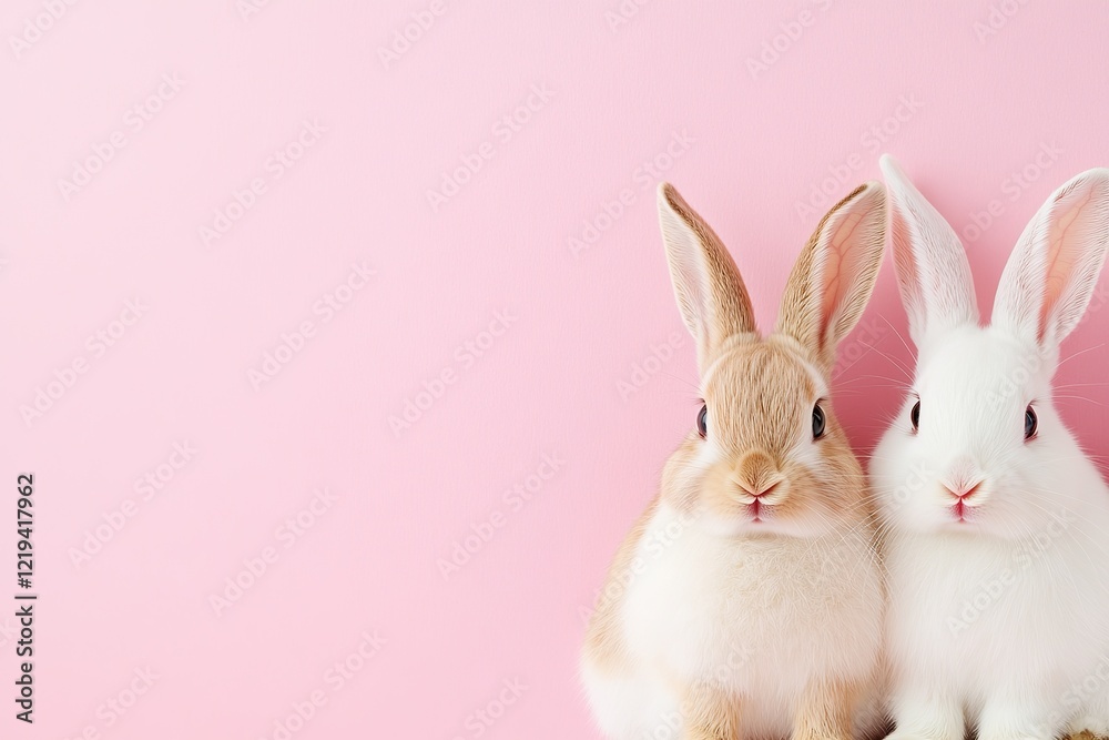 Two cute bunnies sitting on pink background Two cute bunnies sitting on pink background