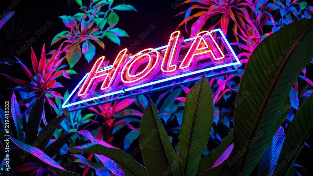 neon hola sign surrounded by tropical plants at night. vibrant colors and nightlife concept