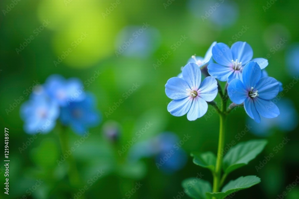 Blue forget me nots in full bloom on a lush green background, wildflowers, nature Blue forget me nots in full bloom on a lush green background, wildflowers, nature